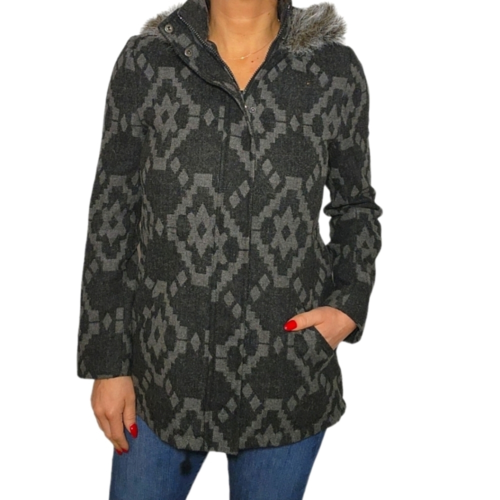 Jack Wool Mix Jacket Size Small Black Grey Argyle Faux Fur Attached Hood